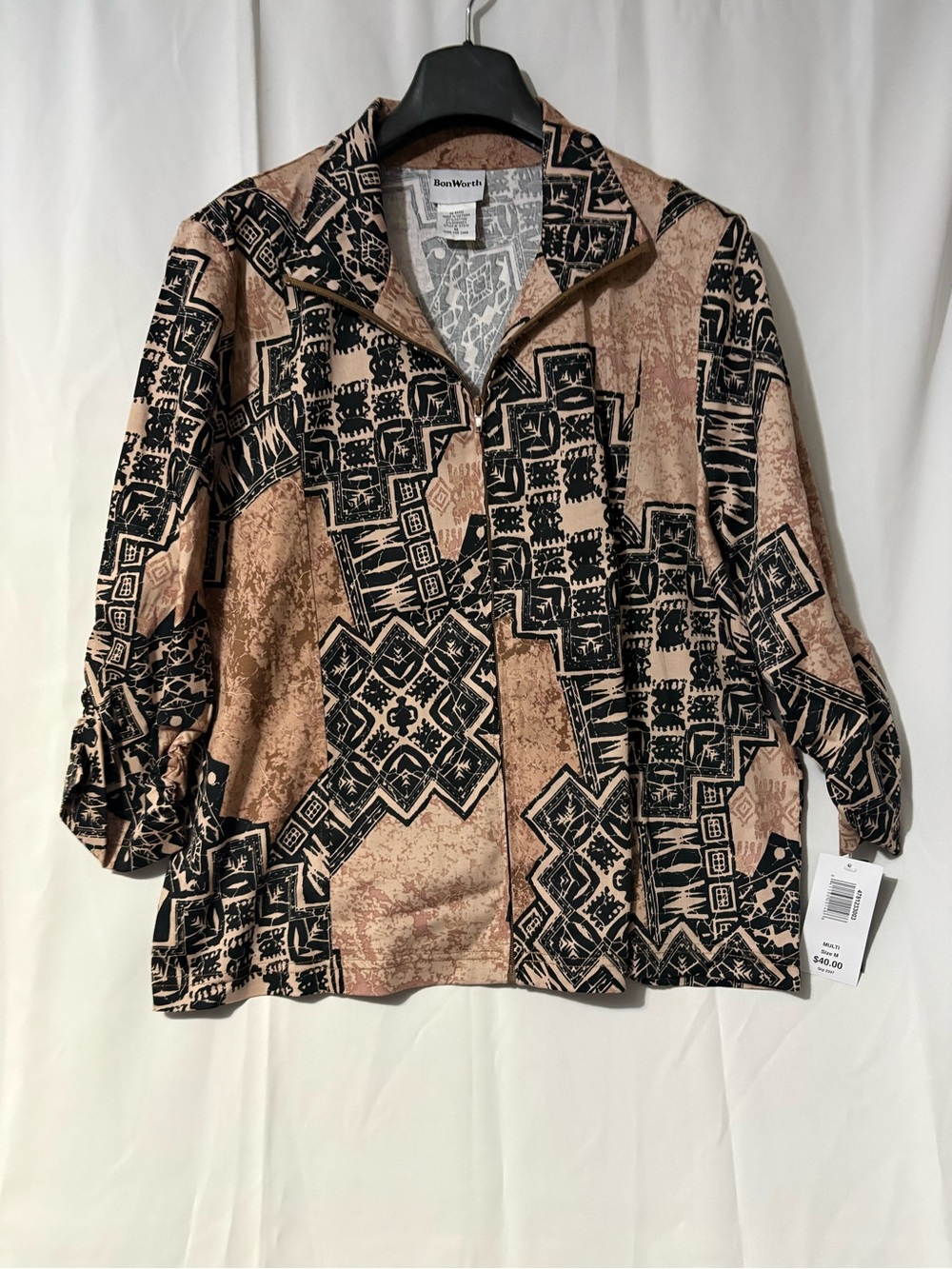 BonWorth Southwestern Print Zip Jacket in Beige & Black
